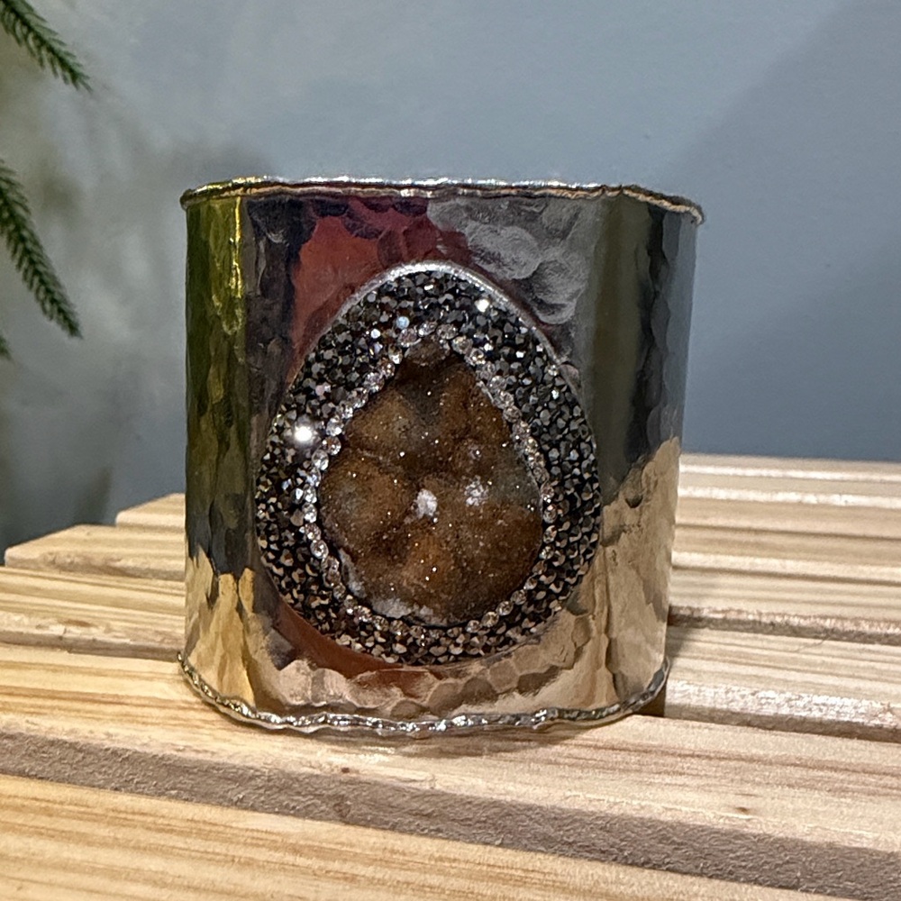 Artisan Made Sterling Silver Druzy Quartz Cuff Hammered Metal Wide Bracelet